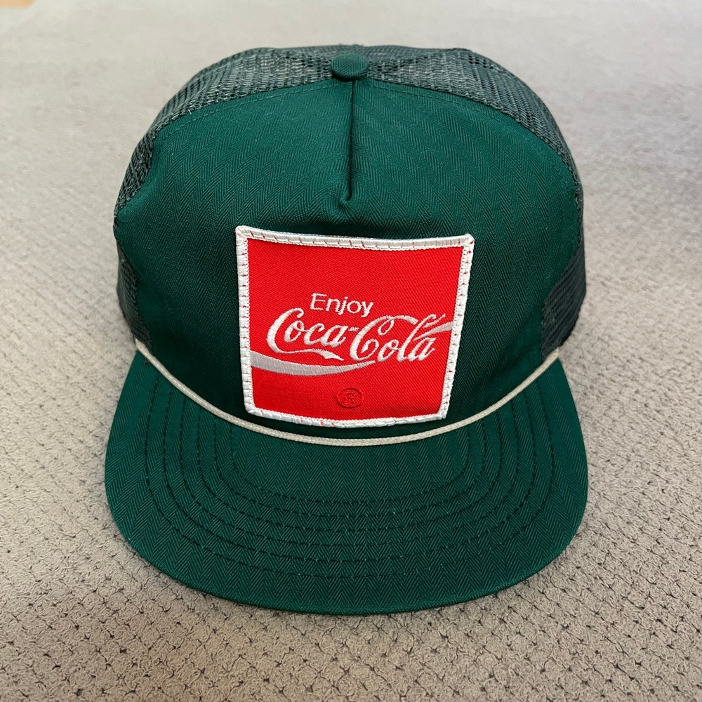 Vintage 1980s Coca-Cola Riverside Trucker Hat Green Mesh Snapback Made in USA